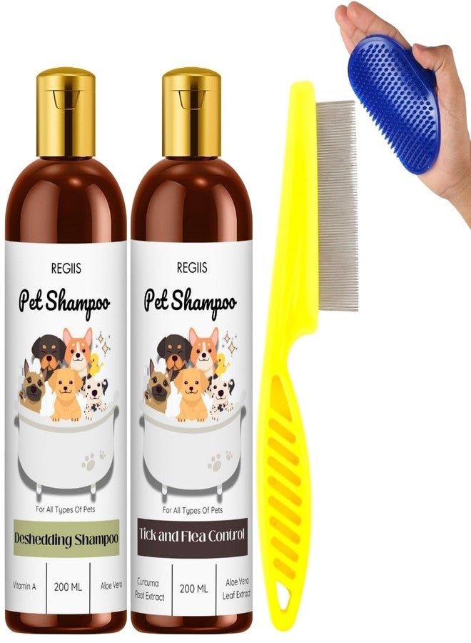 REGIIS Pet Shampoo Set for Dogs, Deshedding and Tick and Flea Control Formula, 200 ML, with Grooming Brush and Flea Comb(4 Pack) - Image 1